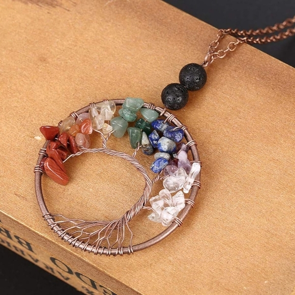Tree of Life, Pendant Necklace w/ Natural Gemstones and Two Lava Stones - Picture 3 of 4
